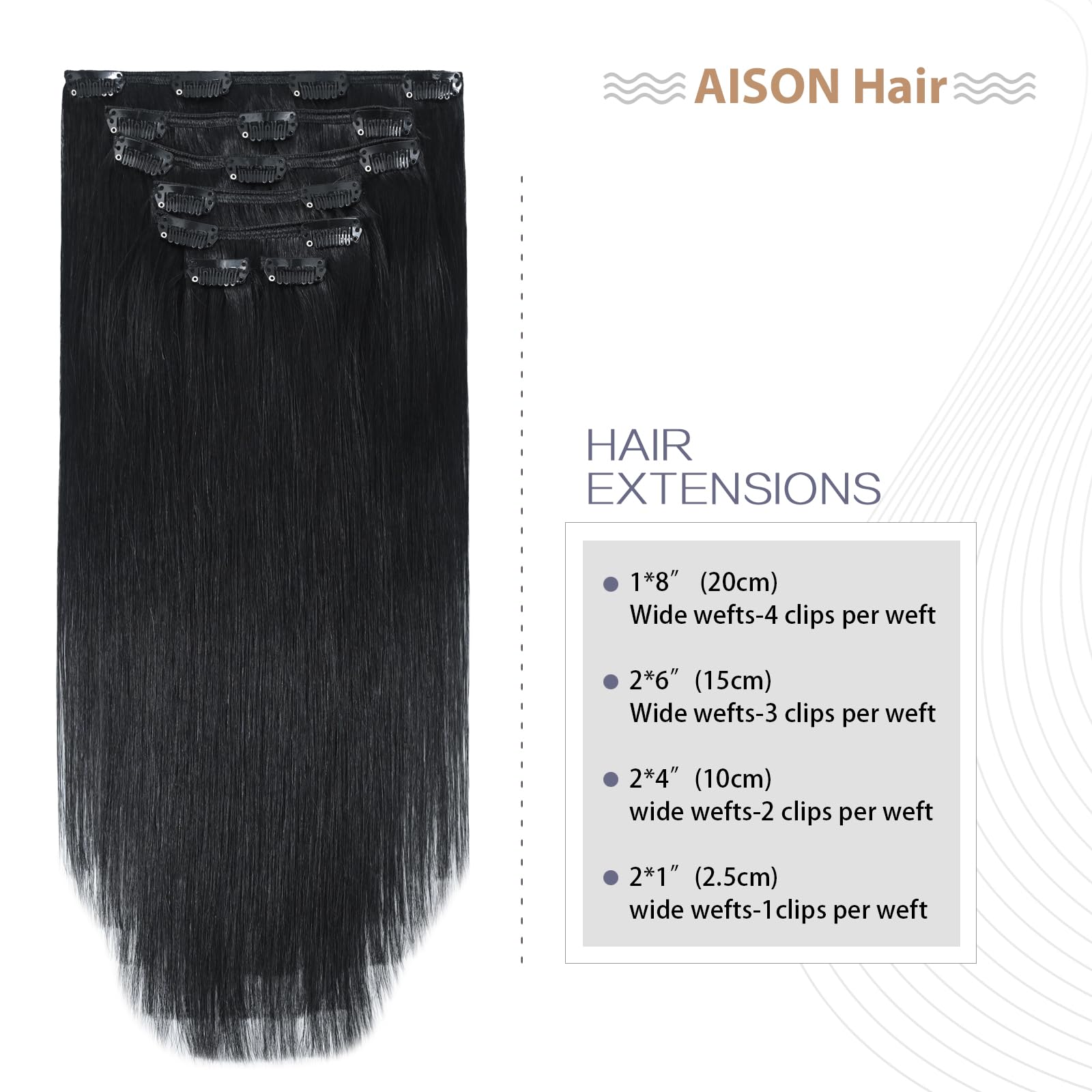 Aison Jet Black Clip-in Hair Extensions 70G - 100% Remy Human Hair, Silky Straight, 7pcs 16 Clips, 20 Inch - Perfect for Parties, Weddings & Everyday Styling