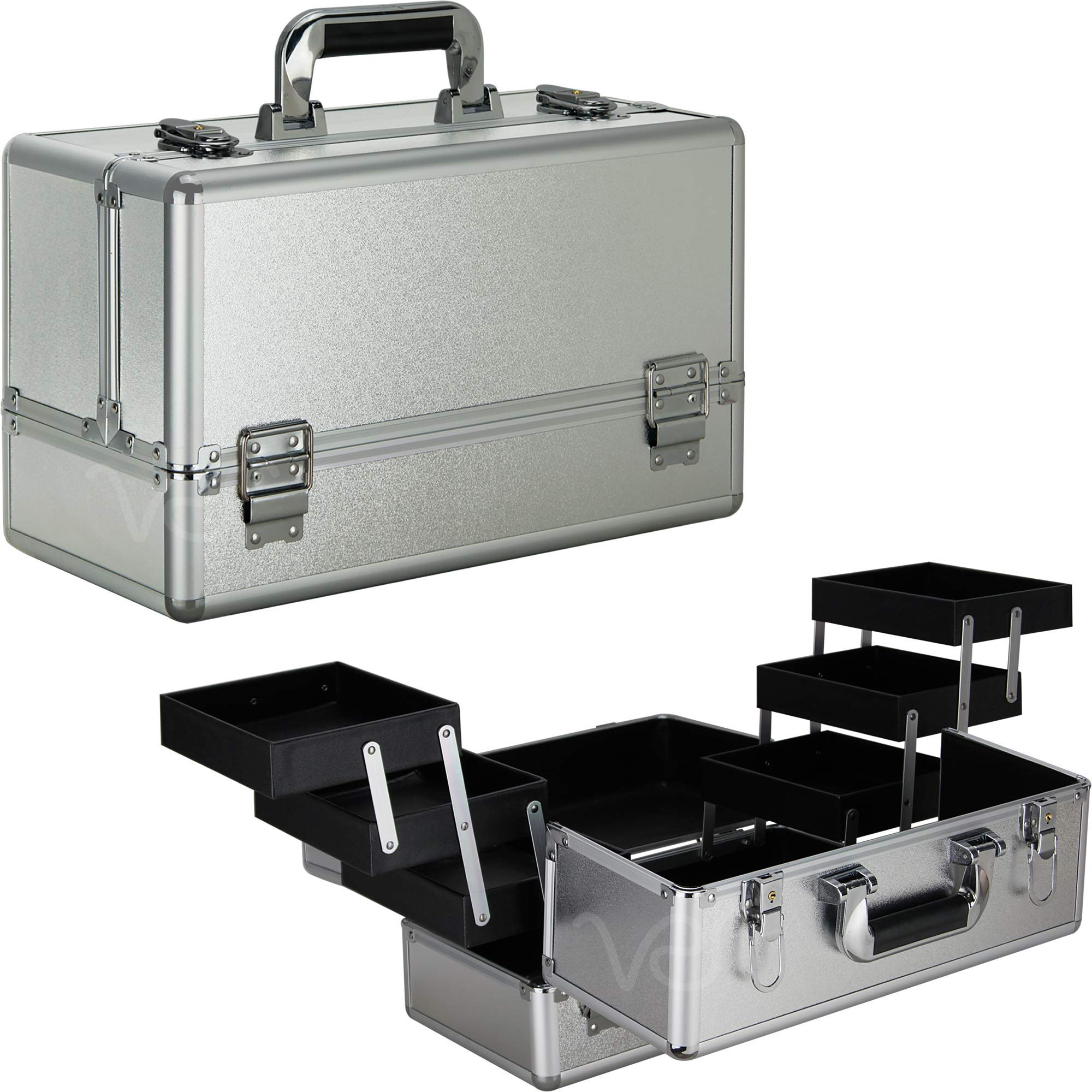 Ver Beauty 6-Tier Lockable Makeup Organizer - Professional Cosmetic Travel Kit & Makeup Artist Supplies - Lightweight Aluminum Train Case for Portable Vanity (Silver) | Perfect for Travel, Salon, Home Storage & Professional Makeup Artists