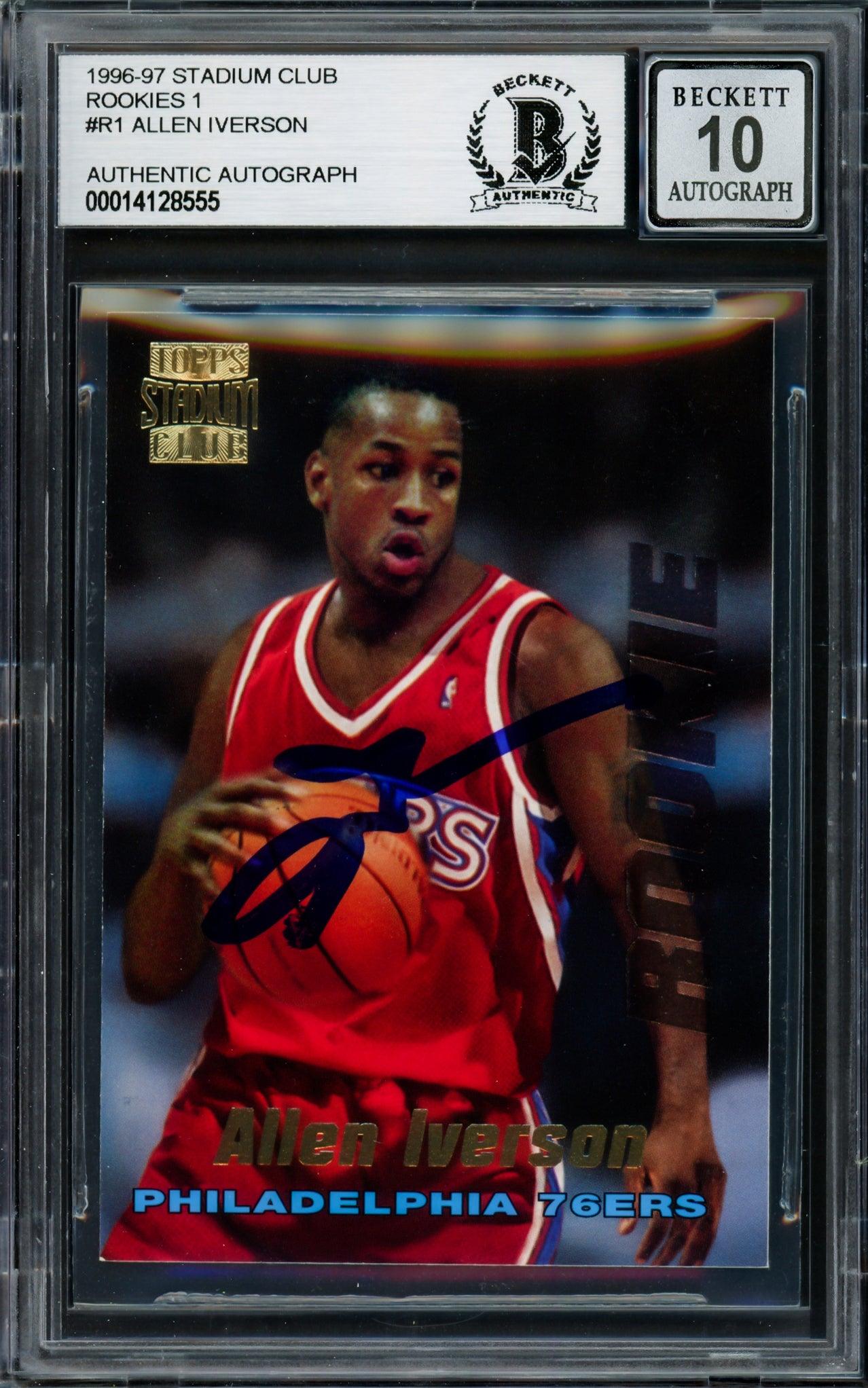 Allen Iverson Autographed 1996-97 Stadium Club Rookie Card #R1 Philadelphia 76ers - Beckett BAS Gem Mint 10 Grade #14128555 - Perfect for NBA Collectors, Sports Memorabilia Enthusiasts & 76ers Fans Display