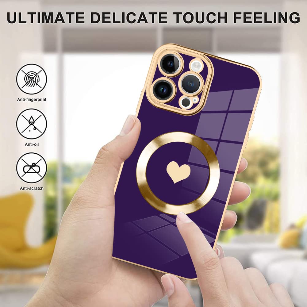 Magnetic iPhone 15 Pro Max Case with Magsafe Compatibility - Luxury Plating Edge Bumper & Full Camera Protection, Cute Love Design in Purple (6.7 Inch) - Perfect for Everyday Use, Travel & Wireless Charging