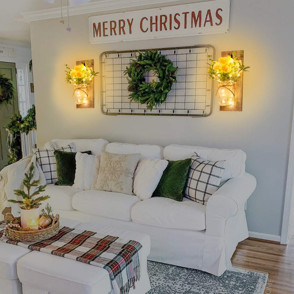 Rustic Farmhouse Mason Jar Wall Sconces with Remote Control - Set of 2 LED Wall Lights with Yellow Rose Decor for Bedroom, Living Room & Kitchen | Perfect for Cozy Home Ambiance and Farmhouse Style Interior Design