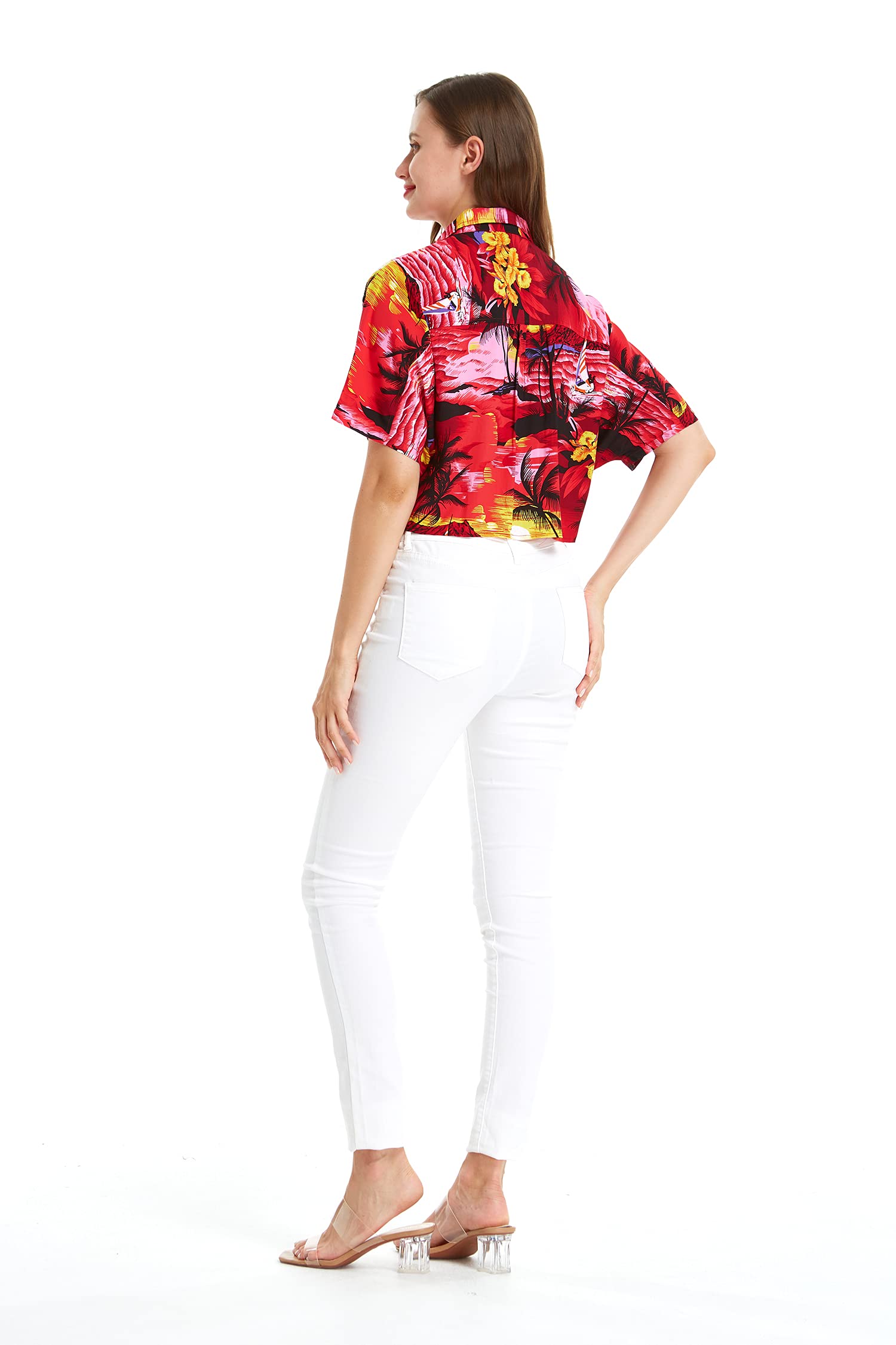 Women's Hawaiian Tie Front Crop Top Aloha Shirt - Floral Sunset Print Beachwear for Summer Vacation & Tropical Party Outfits