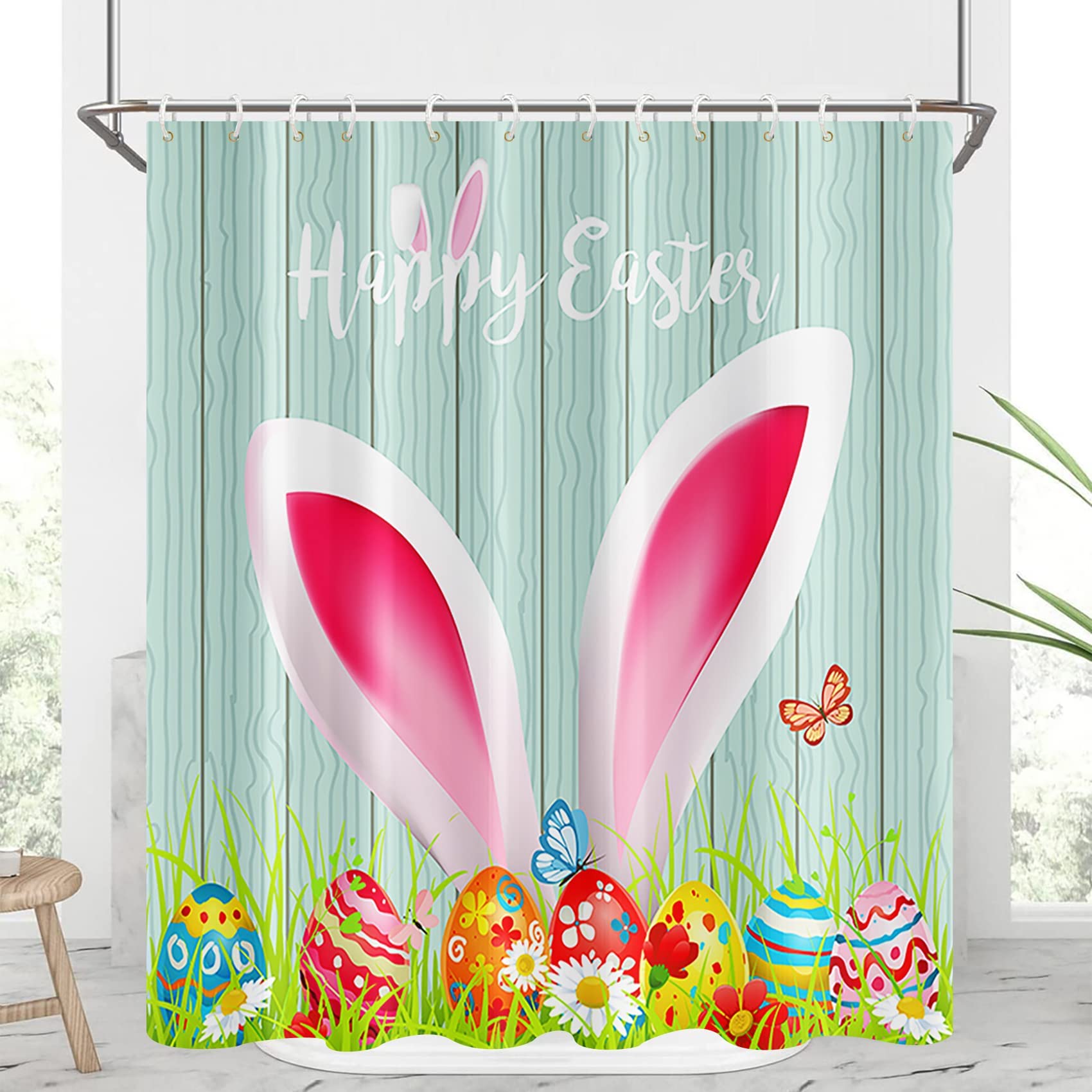 Happy Easter Shower Curtain 60x72 Inch - Spring Bunny Rabbit with Colorful Eggs & Butterflies on Blue Grassland Design - Waterproof Fabric Bathroom Curtain with Hooks for Kids - Perfect for Easter Decorations, Children's Bathroom, and Spring Home Decor