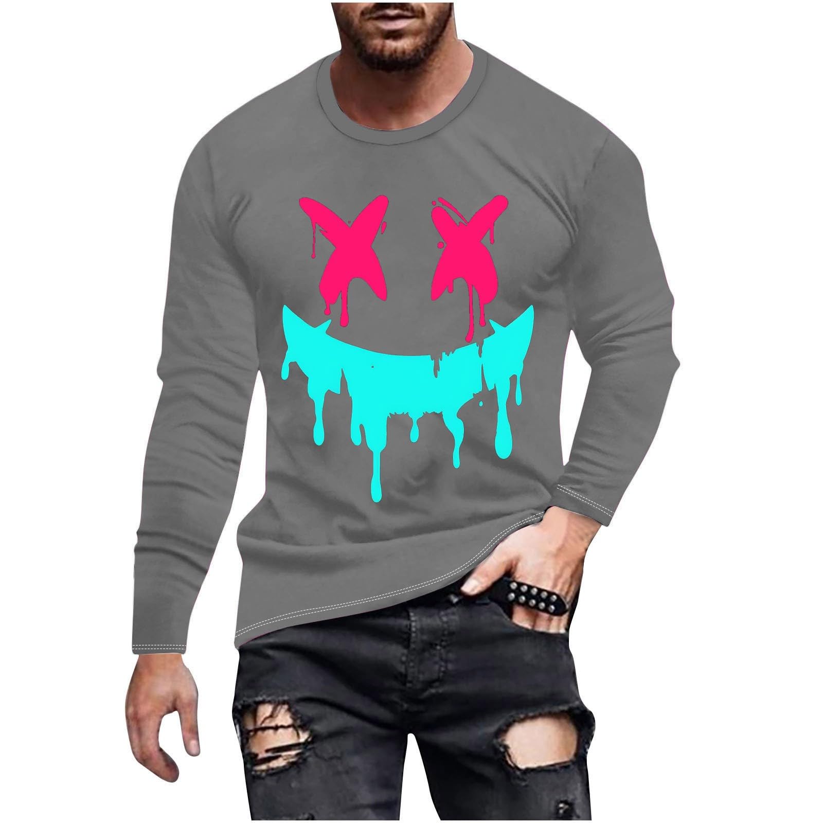 Funny Smiley Face Graphic T-Shirt for Men - Long Sleeve Novelty Tee - Streetwear Casual Top for Everyday Wear, Parties & Gifts