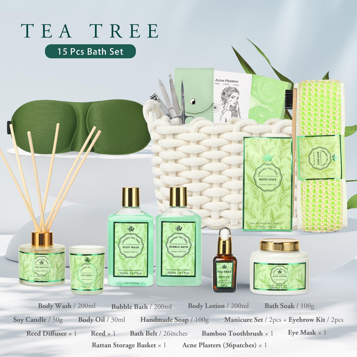 15-Piece Tea Tree Scented Spa Gift Set for Women - Includes Body Wash, Bubble Bath, Bath Soak & Manicure Set | Perfect Christmas, Birthday & Mother's Day Gifts for Her | Relaxing At-Home Spa Experience