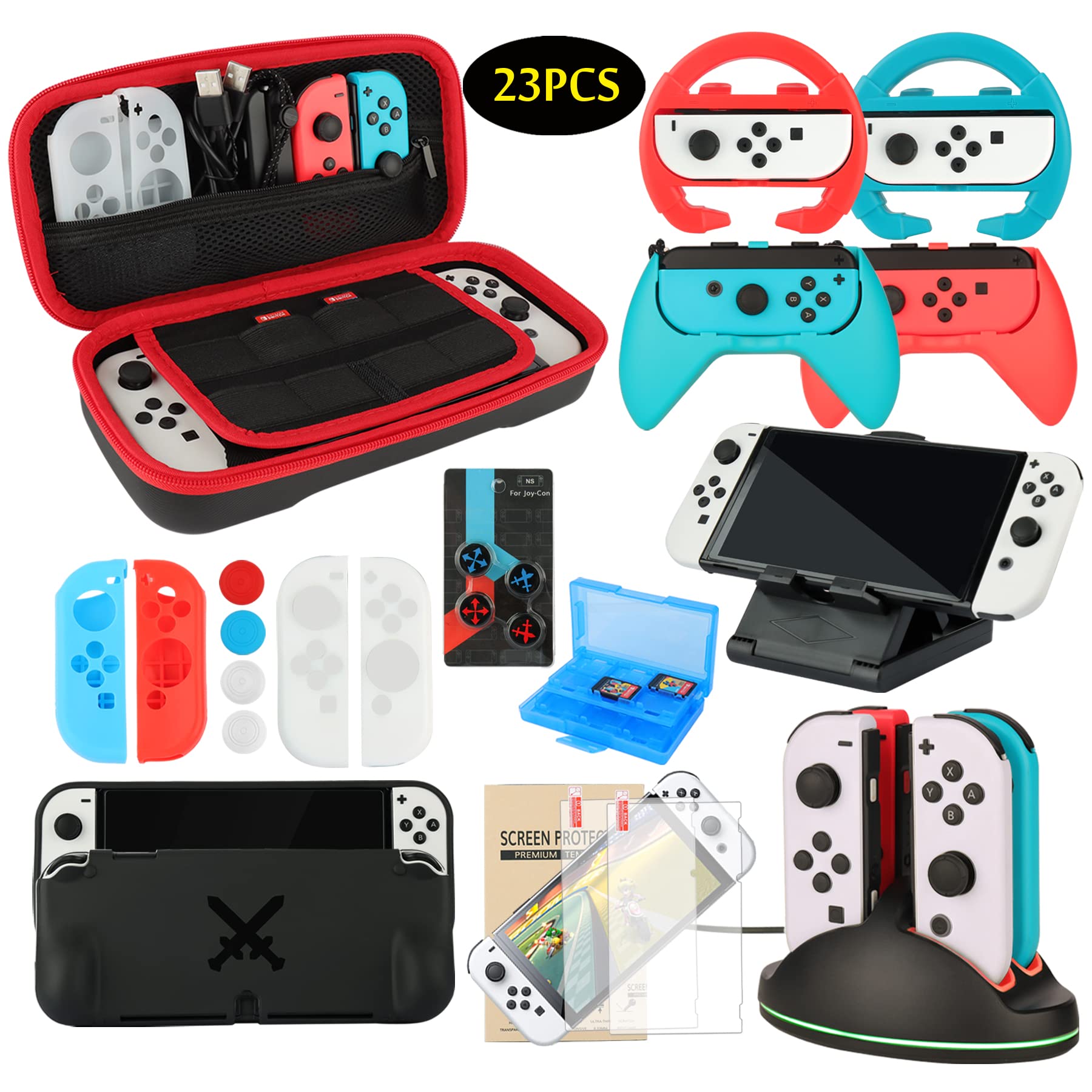 Nintendo Switch OLED Model (2021) Accessories Bundle - 23-in-1 Family Party Kit with Carrying Case, Joy-Con Charging Dock, Grips, Covers, Steering Wheels, Mount & Screen Protectors - Perfect for Gaming Parties, Travel & Home Entertainment