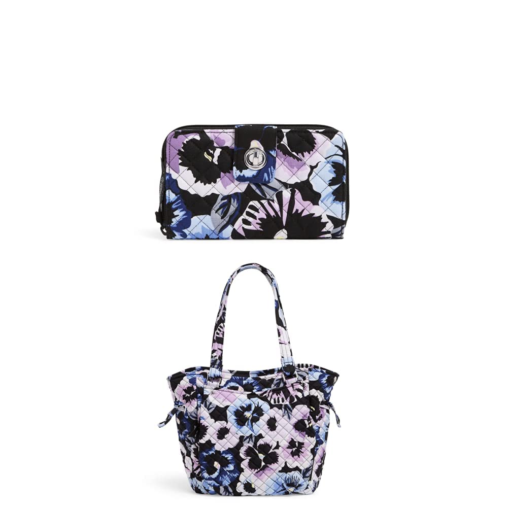 Vera Bradley Women's RFID Blocking Turnlock Wallet & Glenna Satchel Purse Set - Recycled Cotton, Plum Pansies Floral Design - Perfect for Travel, Work & Everyday Use