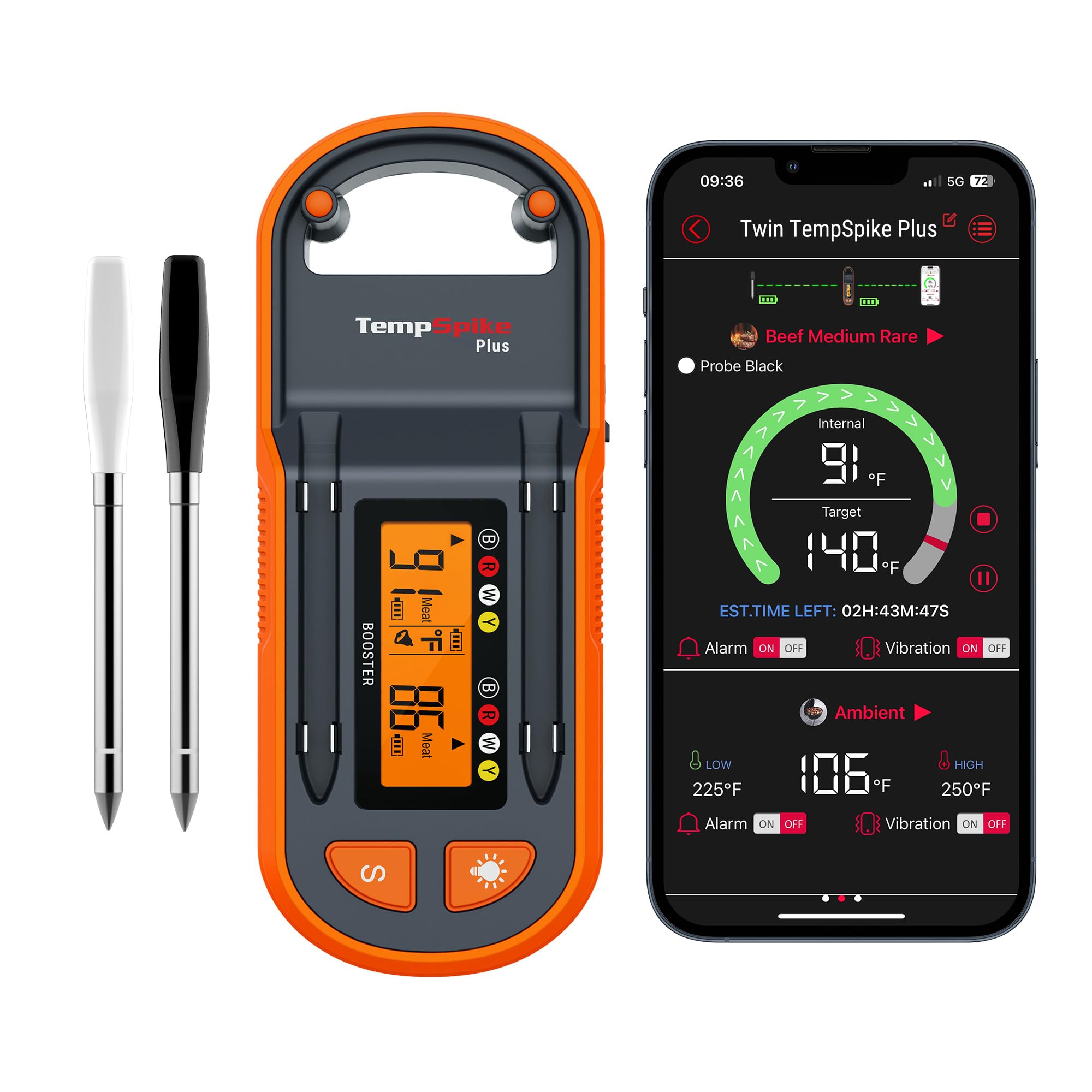 ThermoPro TempSpike Plus 600ft Wireless Meat Thermometer with 2 Color-Coded Probes - Bluetooth Cooking Thermometer with LCD Booster for Grilling, Smoking, Roasting & BBQ - Perfect for Steak, Turkey, Chicken & Outdoor Cooking