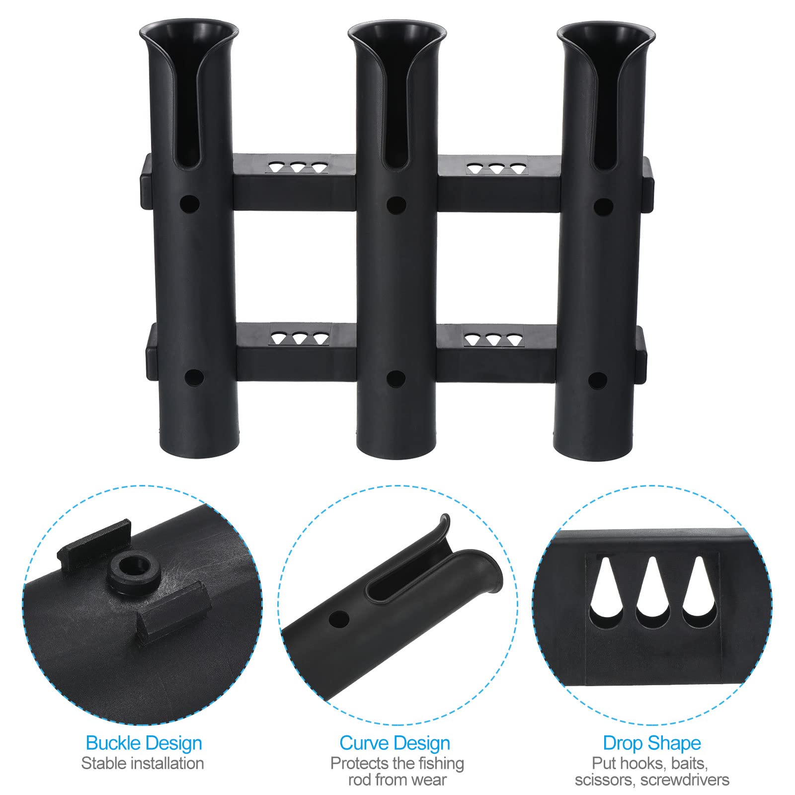 PATIKIL 2-Pack Plastic Fishing Rod Holder Brackets - 3-Link Tube Rod Rack for Wall/Side Mount - Includes Screws for Truck, Kayak & Boat Storage - Durable Black Fishing Pole Organizer for Garage, Dock & Outdoor Use