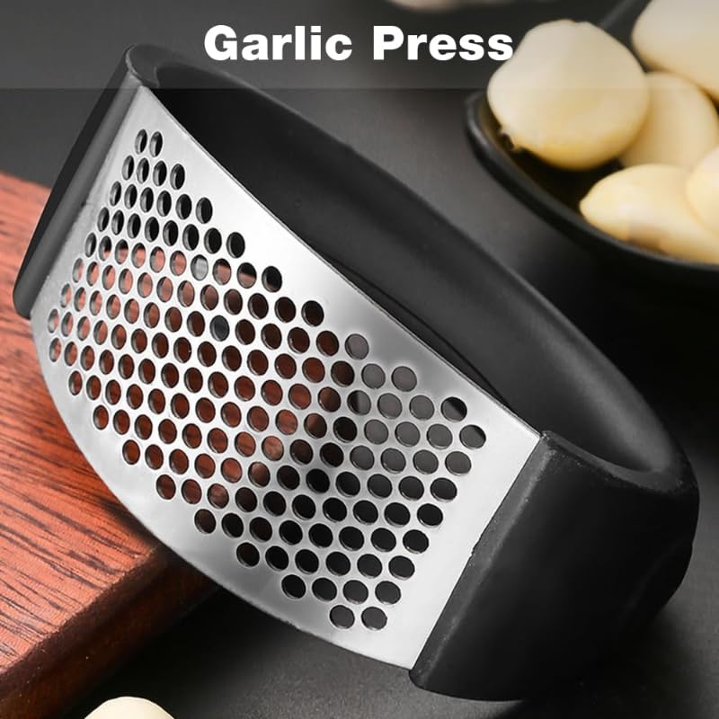 Premium Stainless Steel Garlic Press Rocker - Manual Garlic Crusher & Masher with Peeling Drum - Durable Kitchen Gadget for Chopping, Mincing Garlic - Perfect for Home Cooking, Restaurants & Camping (Black)