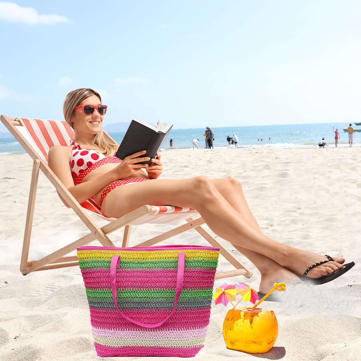 JNF Large Colorful Straw Beach Tote Bag for Women - Rattan Woven Crochet Boho Style Beach Bag with Towel Set | Perfect for Pool, Vacation & Summer Outings