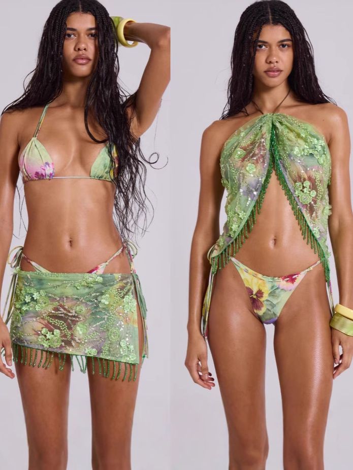 ZASUWA Women's Sexy Floral Sequin Tassel Mesh 3-Piece Lace Up Bikini Set - Perfect for Beach Vacations, Pool Parties & Summer Getaways