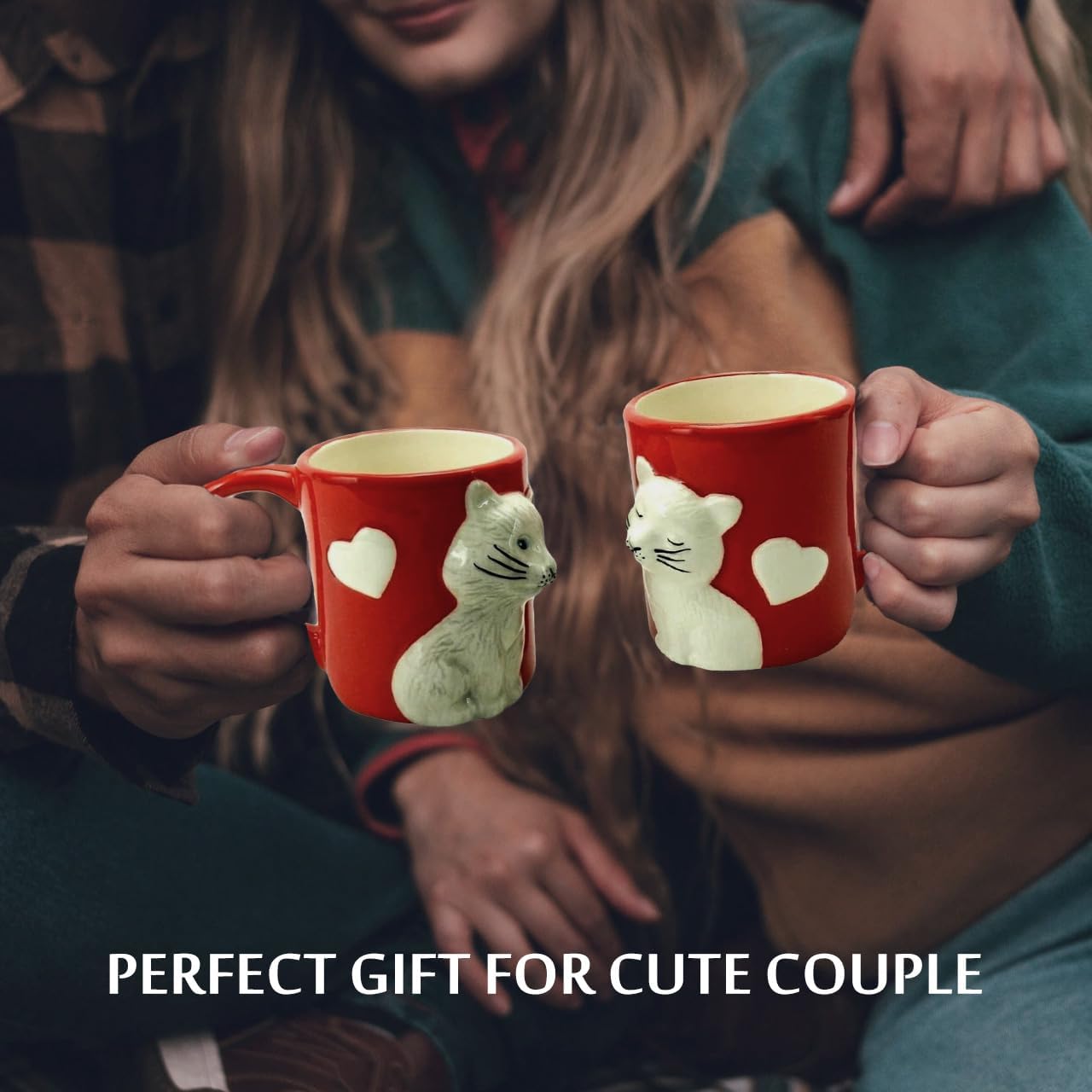 TDL Kissing Cat Coffee Mugs Set of 2 - Cute Matching Ceramic Cups with 3-Finger Loop Handles for Easy Grip, Dishwasher Safe, 3.25