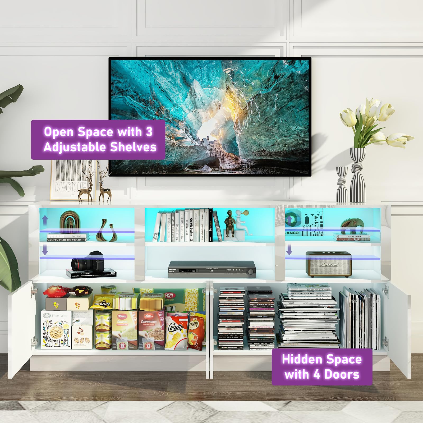 Modern White TV Stand for 65/75/80/85 Inch TVs with RGB LED Lights - 32