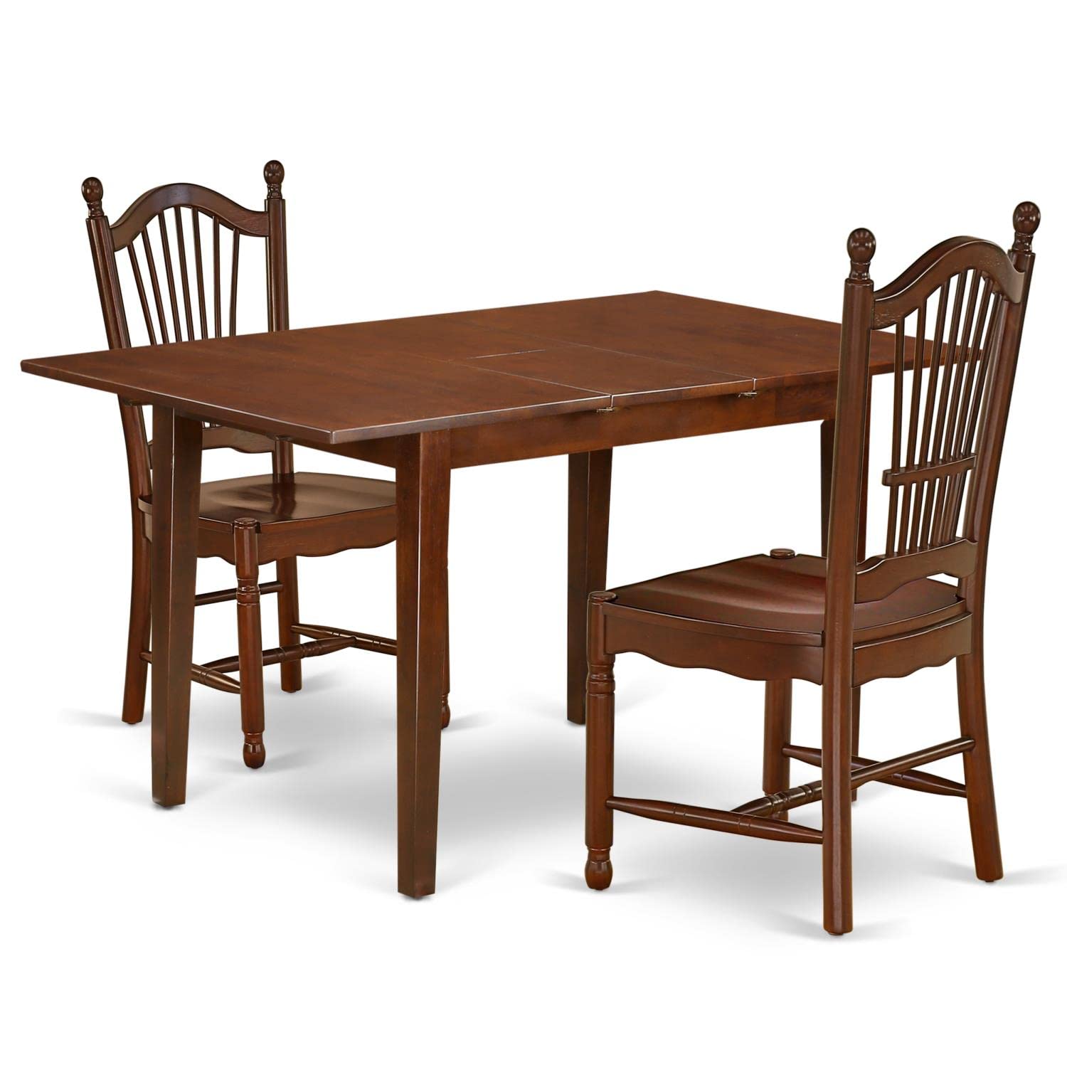 East West Furniture 3-Piece Kitchen Table Set for Small Spaces - Rectangle Dining Table with Butterfly Leaf & 2 Chairs, 32x54 Inch, Mahogany - Perfect for Apartments, Breakfast Nooks & Cozy Dining Areas
