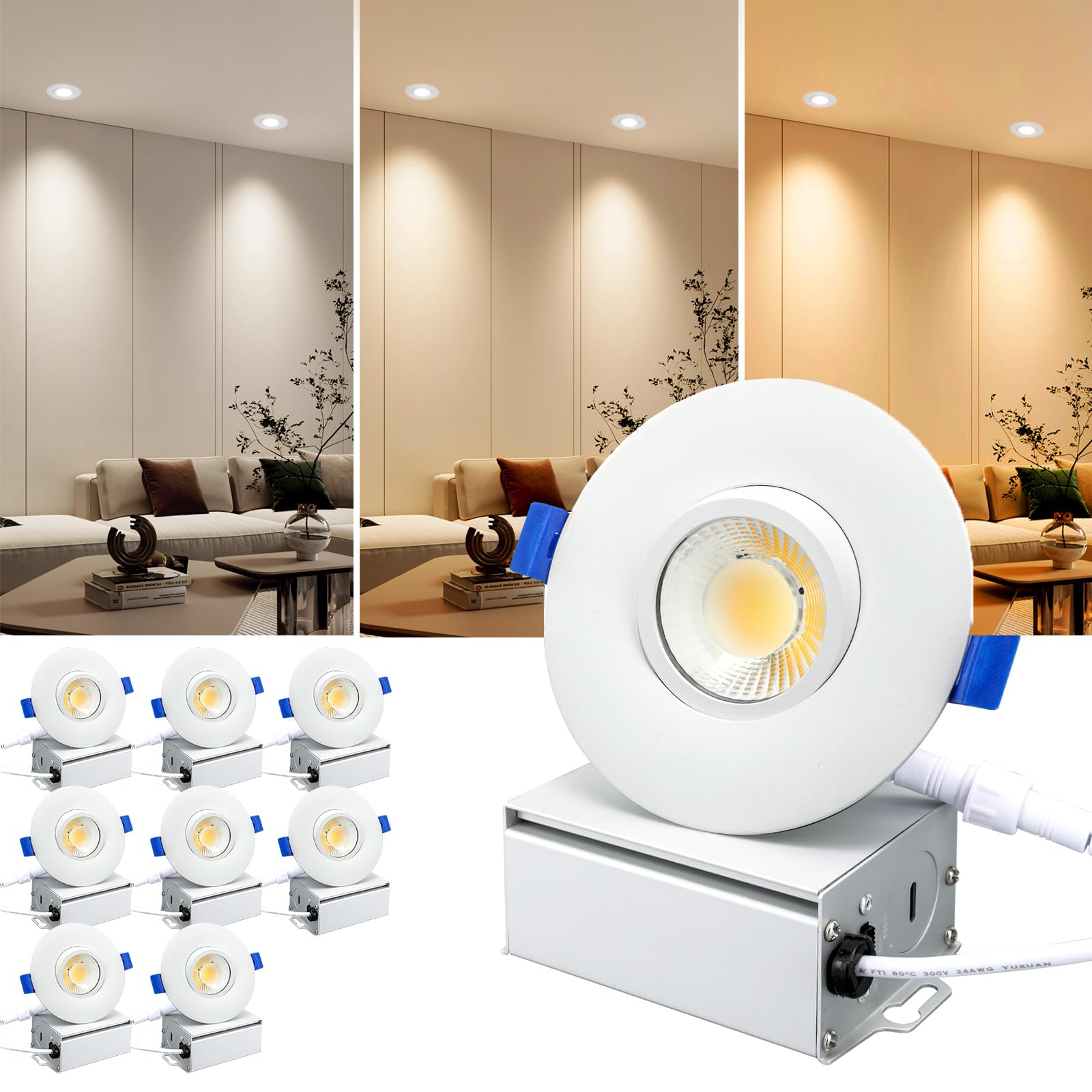 8 Pack 3 Inch Gimbal LED Recessed Light 10W - 3 Color Temperature Adjustable (3000K/4000K/5000K) - Waterproof Downlight for Shower, Living Room, Bedroom - Perfect for Home Lighting, Bathroom Vanity & Kitchen Ceiling