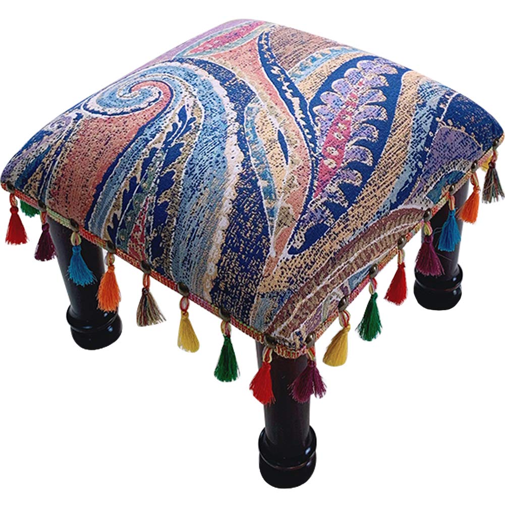 Vintage Upholstered Footrest Stool - Small Tassel Ottoman with Rubber Wooden Base for Living Room, Sofa & Bedroom - Perfect Foot Rest for Relaxing, Reading & Home Decor