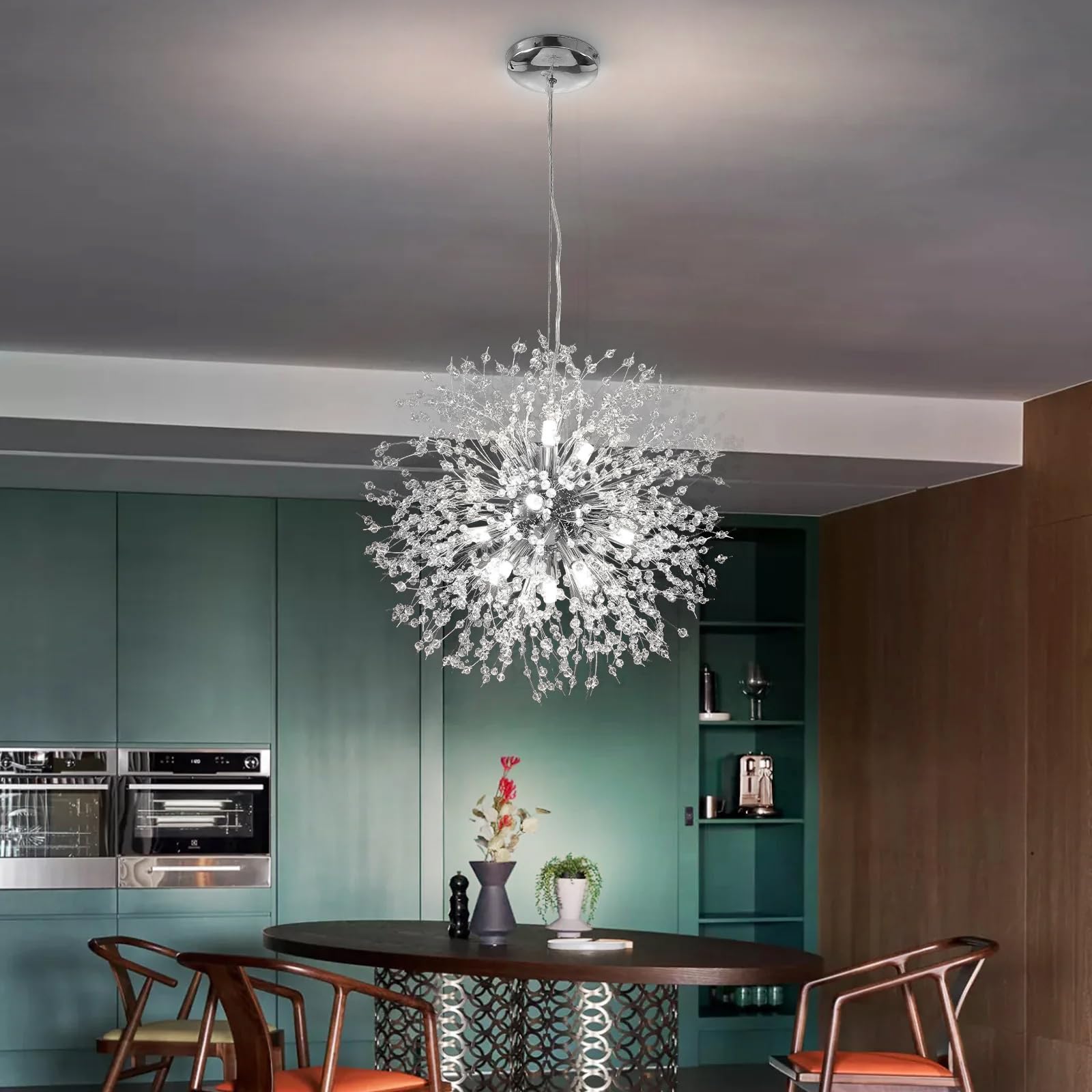 Modern Firework Chrome Crystal Chandelier - 12-Light Sputnik Dandelion Pendant Lighting Fixture for Dining Room, Living Room, Bedroom, Kitchen & Restaurant | Elegant Ceiling Decor for Home, Hotel and Commercial Spaces