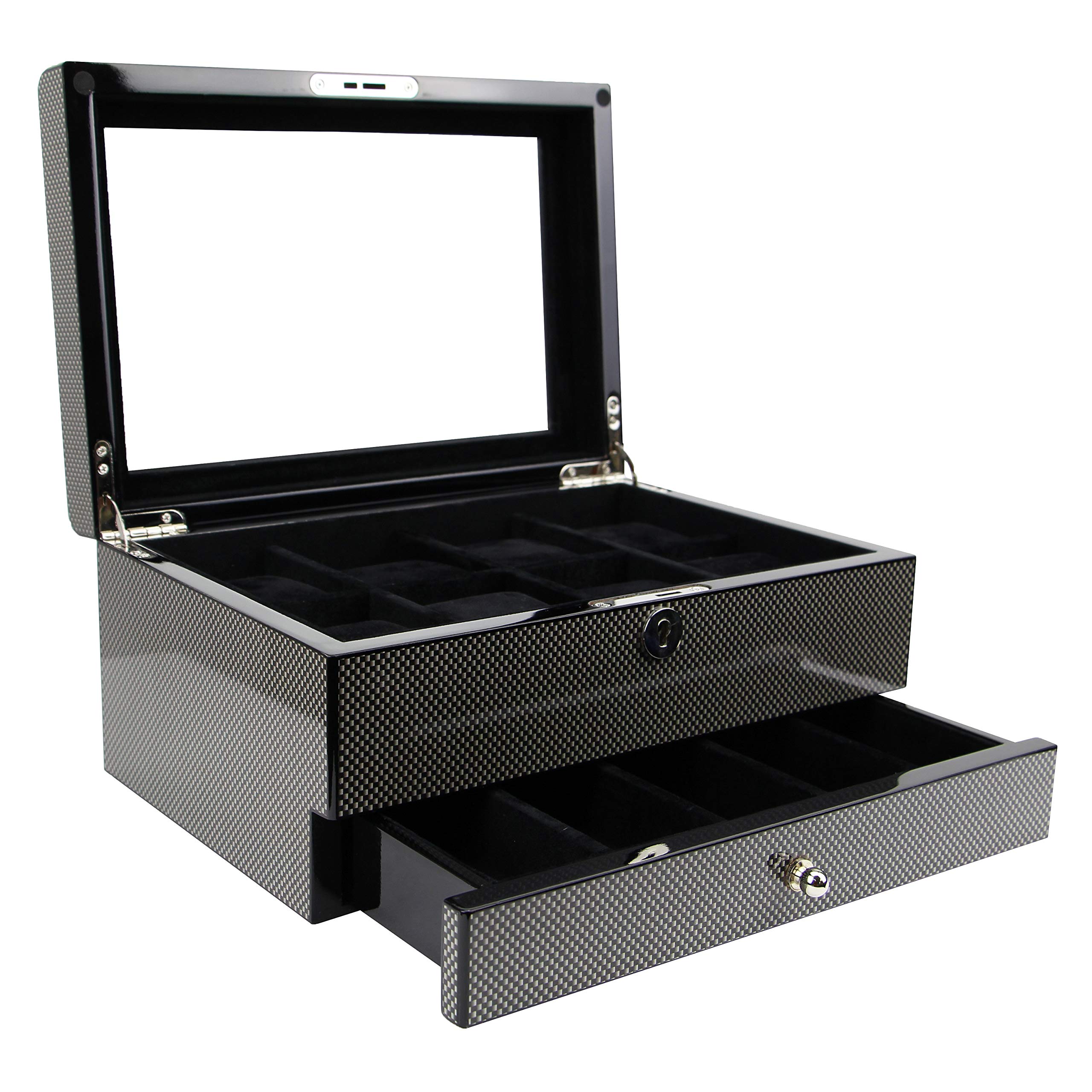 Luxury Carbon Fiber Watch & Cufflink Jewelry Box Set - Elegant Gift for Men, Wedding, Anniversary & Special Occasions - Perfect for Displaying Watches and Cufflinks in Style