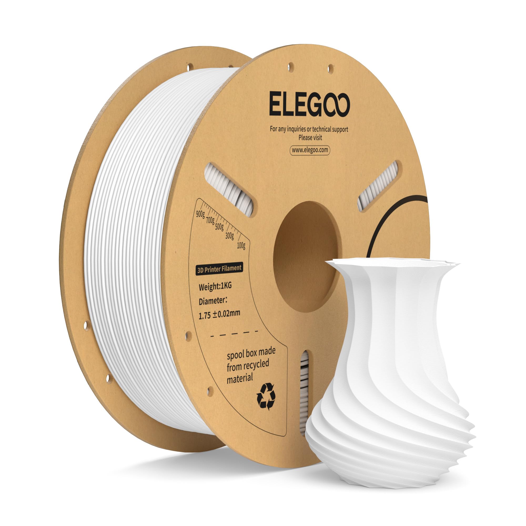 ELEGOO PLA+ 3D Printer Filament 1.75mm White 1KG Spool - Stronger & More Durable FDM Printing Material, High Precision +/-0.02mm, Works with Most 3D Printers - Perfect for DIY Projects, Prototyping & Home Decor Creations (2.2lbs)