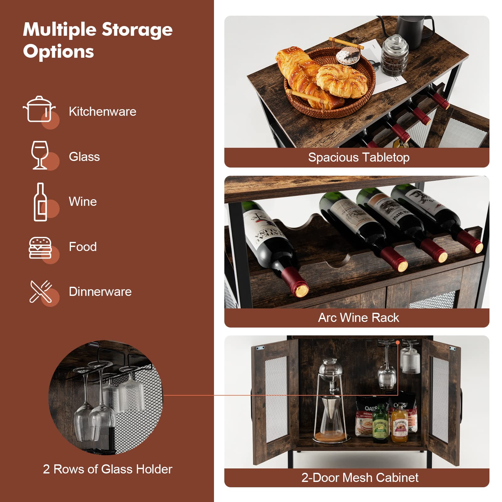 Industrial Wine Bar Cabinet with Detachable Rack & Glass Holder - Metal Mesh Door Coffee Bar Sideboard for Kitchen, Living Room | Perfect for Entertaining, Dining Storage & Home Decor