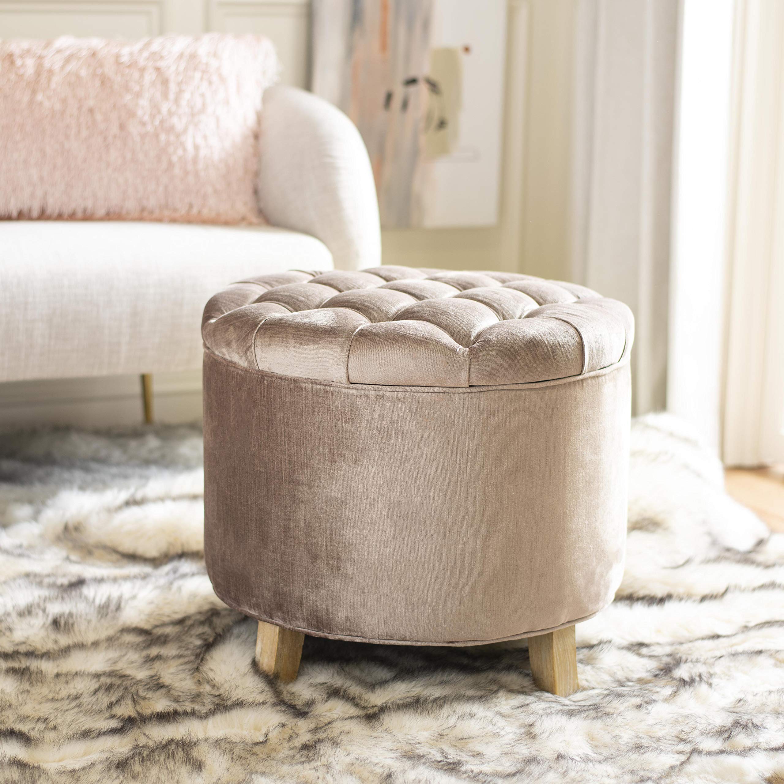 Safavieh Hudson Collection Amelia Tufted Storage Ottoman in Mink Brown - Stylish Footrest, Coffee Table & Hidden Storage for Living Room, Bedroom & Nursery