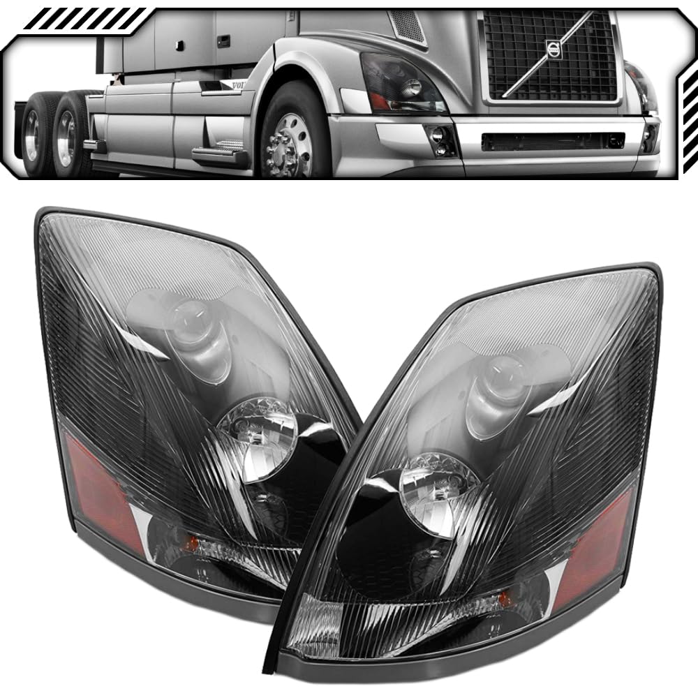 Volvo VNL VNM Semi Truck Headlights (2004-2018) - Black Bezel Replacement for Night Driving