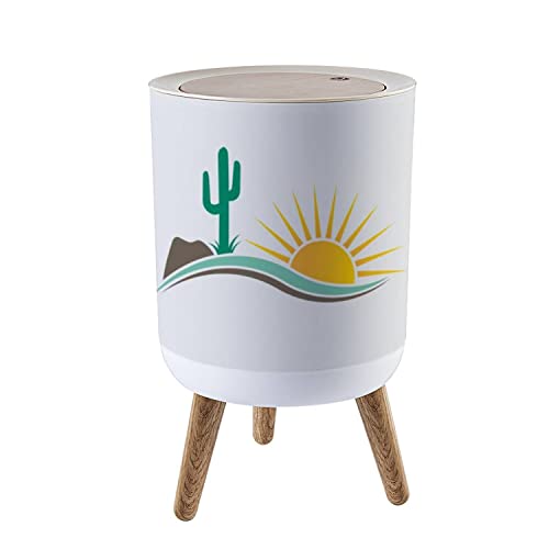 Cactus-Themed Small Garbage Can with Lid - 1.8 Gallon (7L) Wooden Leg Trash Bin for Kitchen, Bathroom & Office - Dog-Proof Waste Basket for Western Decor & Desert Style Homes
