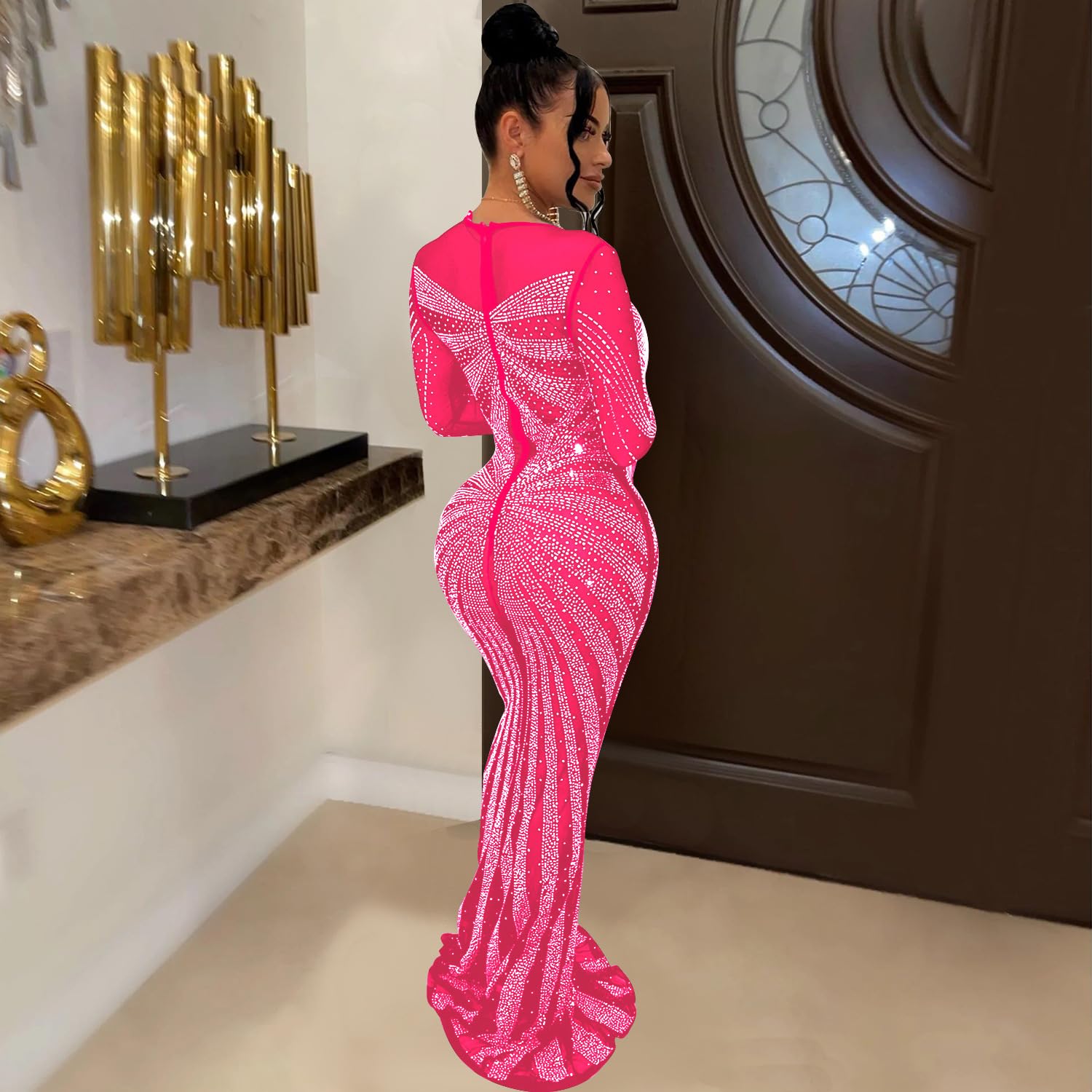 Elegant Solid Diamond Embellished Crewneck Long Sleeve Maxi Dress for Women - Perfect for Celebrity Parties, Evening Galas & Formal Occasions