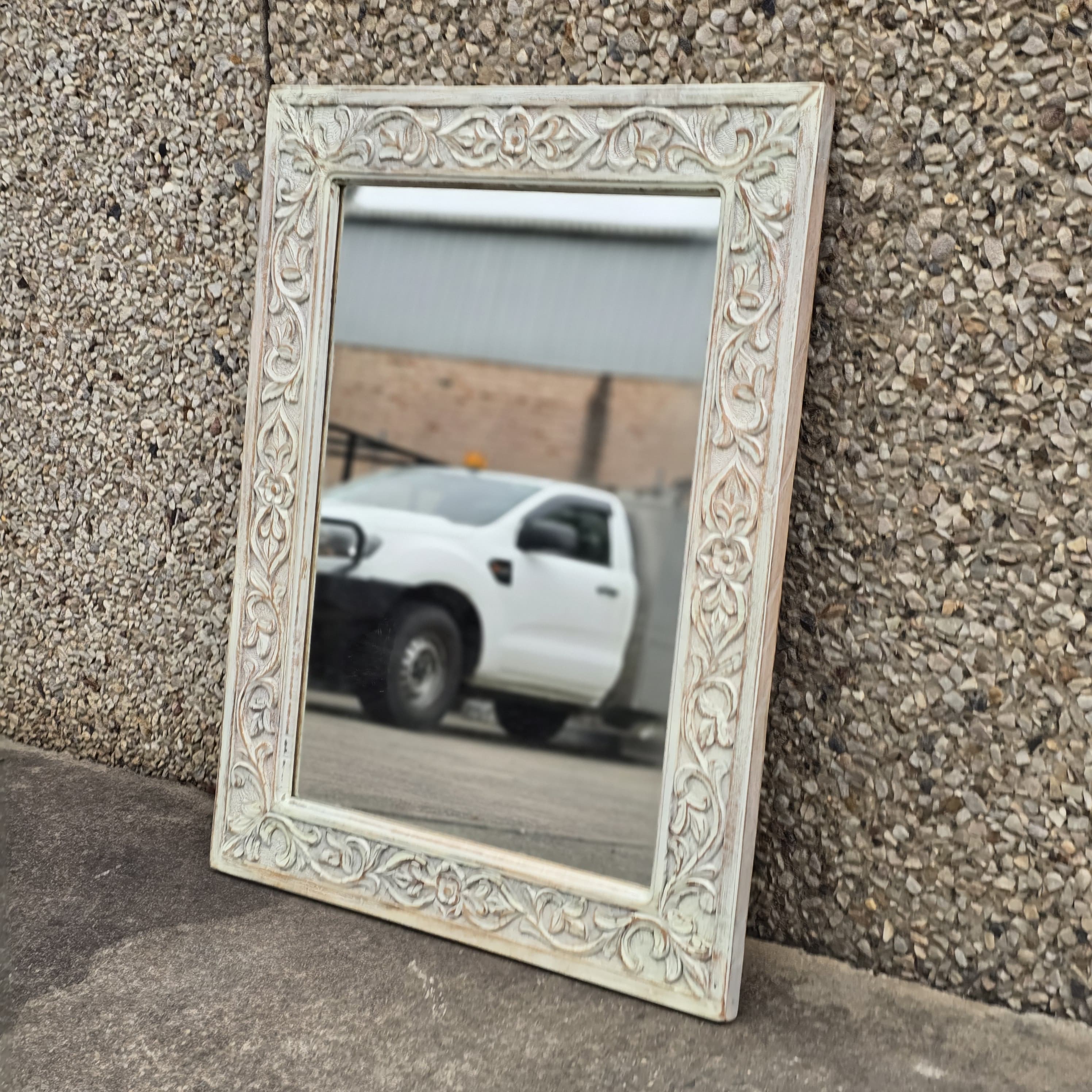 Handcrafted Floral Carved Solid Wood Indian Furniture Mirror Frame - Rustic White Wall Decor for Living Room, Bedroom & Entryway