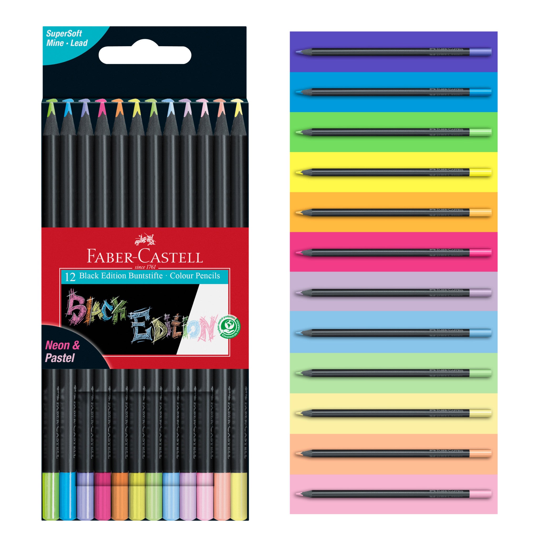 Premium Black Edition Colored Pencils Set - 12 Vibrant Neon & Soft Pastel Colors (#116410) for Adult Coloring Books, Art Projects & DIY Crafts