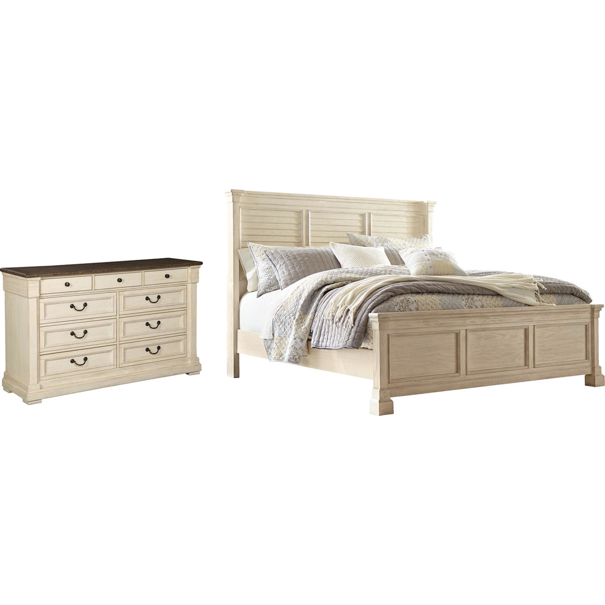 Bolanburg 4-Piece Bedroom Furniture Set - Queen Size Bed Frame, Nightstand, Dresser & Mirror in Antique White Finish | Perfect for Master Bedroom, Guest Room & Apartment Decor