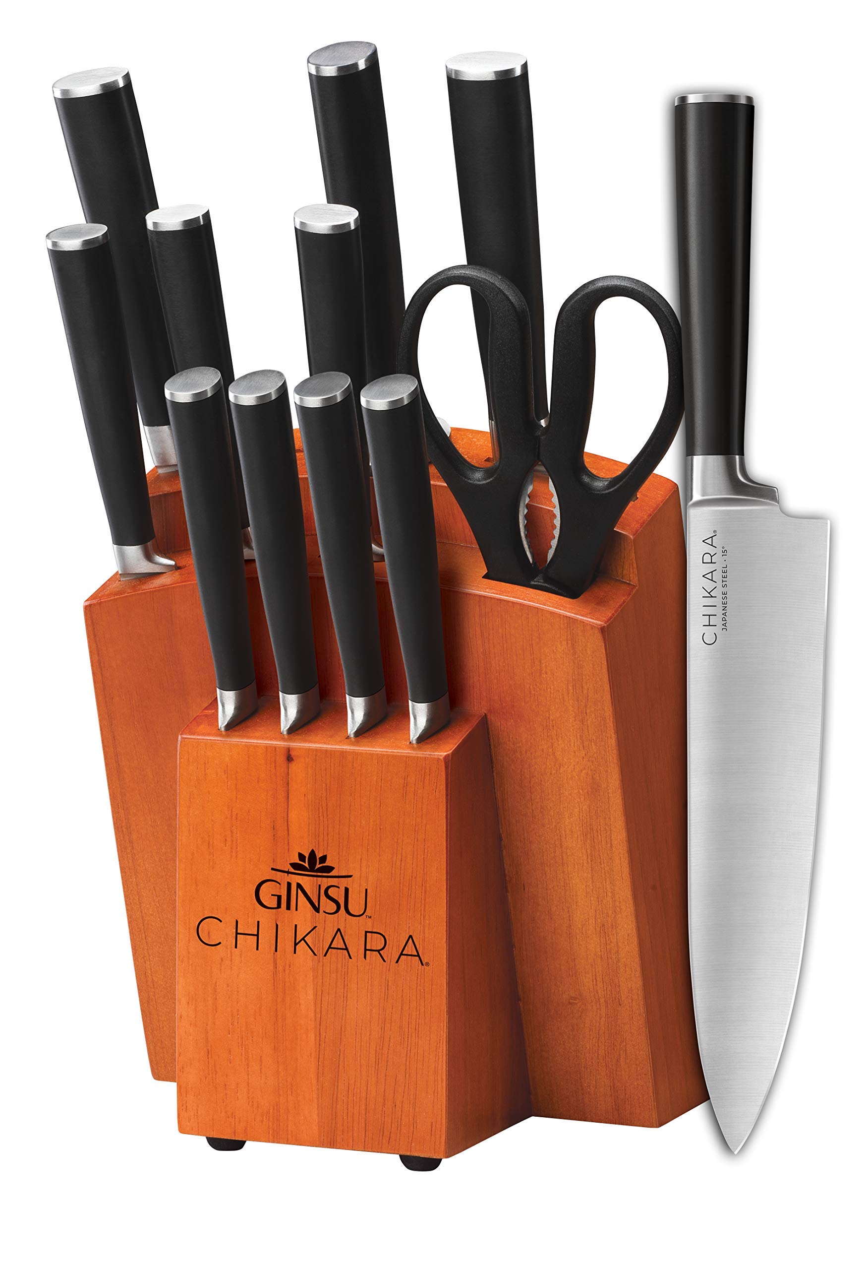 Ginsu Chikara Series Forged 12-Piece Japanese Knife Set - Premium 420J Stainless Steel Kitchen Knives with Toffee Bamboo Block | Professional Chef Knives for Cooking, Slicing, Dicing | Perfect for Home Chefs & Culinary Enthusiasts