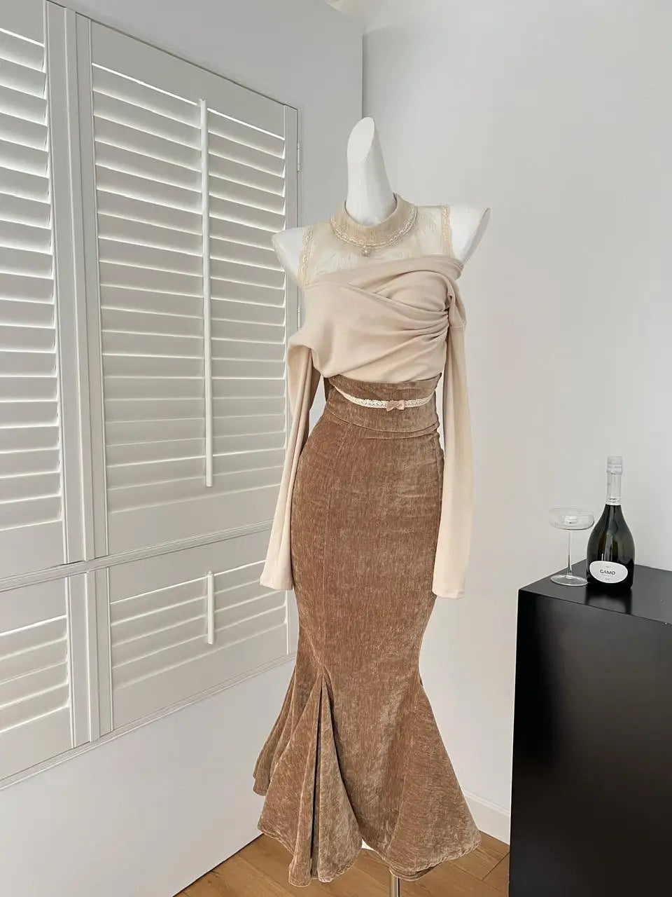 Women's Autumn Winter Fashion Outfit - Beige Patchwork Lace Long Sleeve Off Shoulder Top & Brown High Waist Pleated Skirt 2-Piece Set | Casual Date Night, Office Wear, Holiday Party Outfit