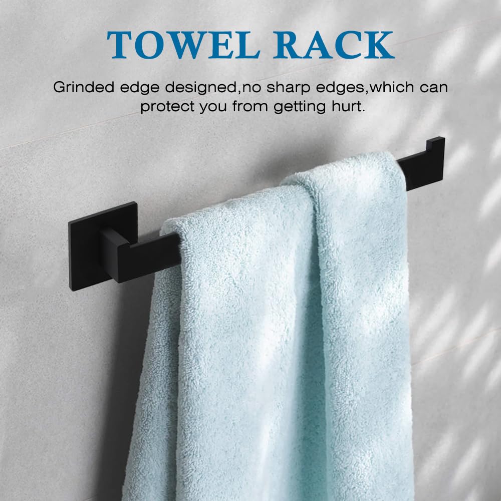 4-Piece Matte Black Bathroom Hardware Set - 16 Inch Towel Bar, Holder, Toilet Paper Stand & Hook - Modern Bath Accessories Kit for Home & Hotel Decor