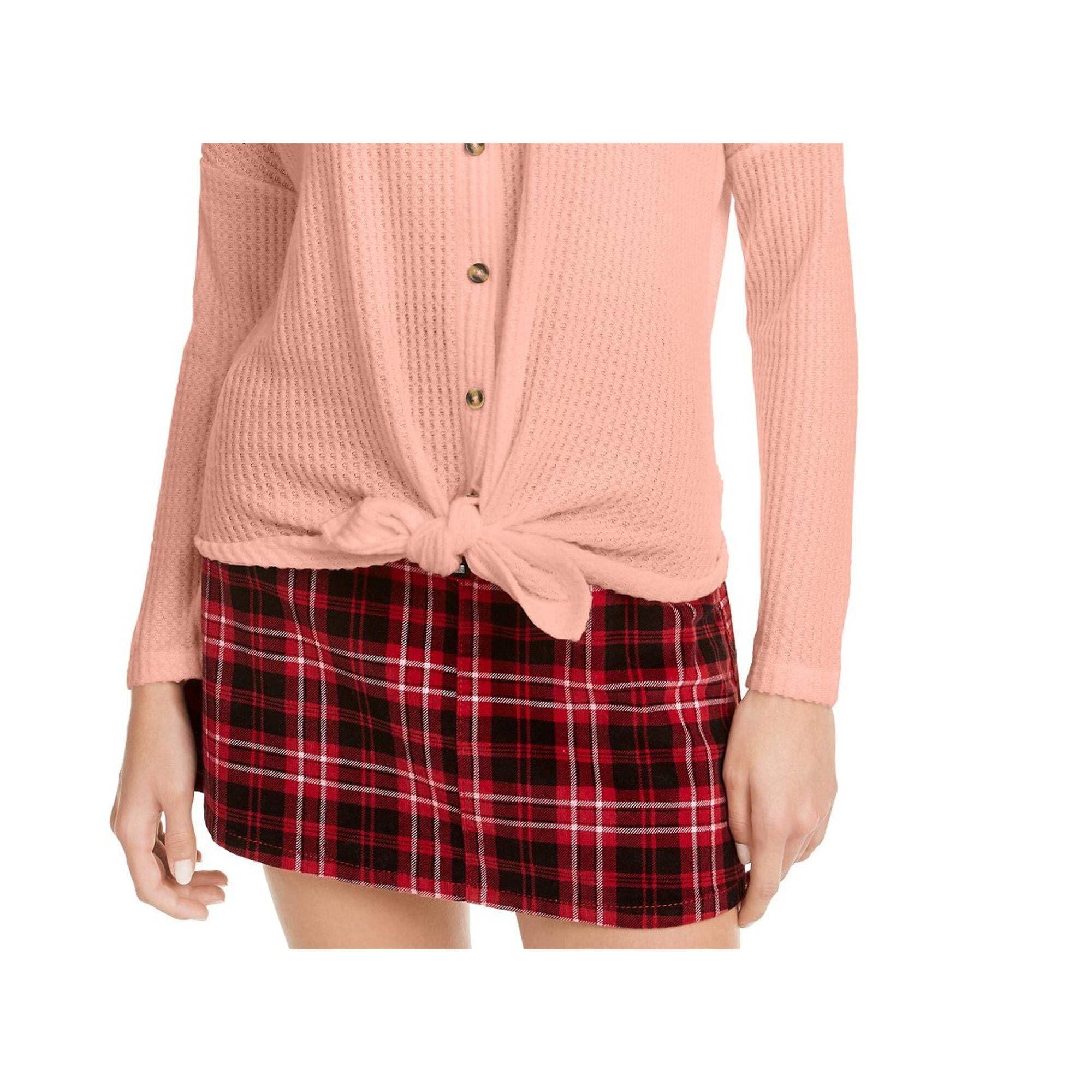 Ultra Flirt Juniors' Waffle-Knit Tie-Front Top - Pink, Size Small | Cute Casual Blouse for Teens, Perfect for School, Dates & Everyday Wear