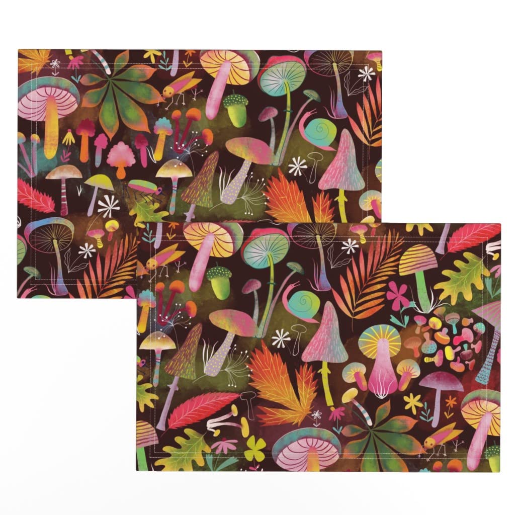 Linen Cotton Canvas Placemats Set of 2 - Rainbow Mushrooms Woodland Autumn Botanical Print Table Mats for Dining Room Decor, Kitchen Table Setting, Fall Thanksgiving Dinner Party Decoration