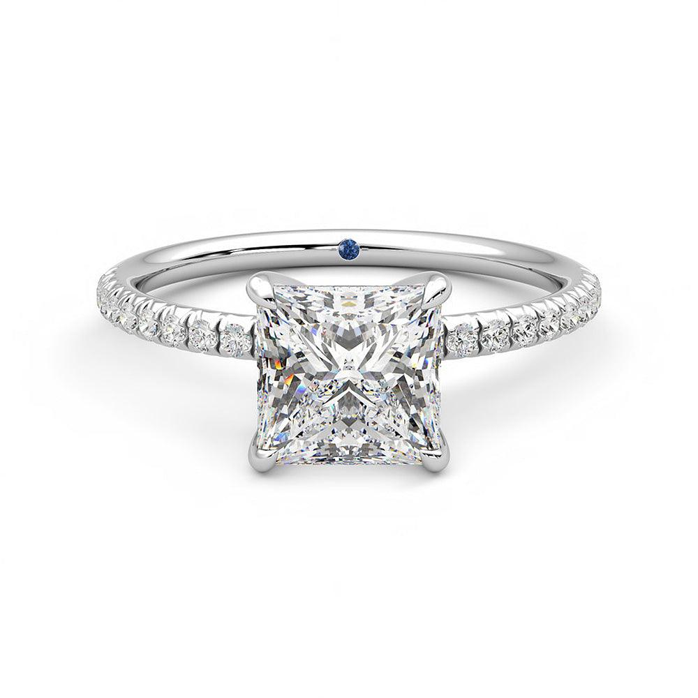 Exquisite Four Prong Princess Cut Moissanite Engagement Ring with Hidden Anniversary Stone Accent - Perfect for Proposals, Anniversaries & Special Occasions