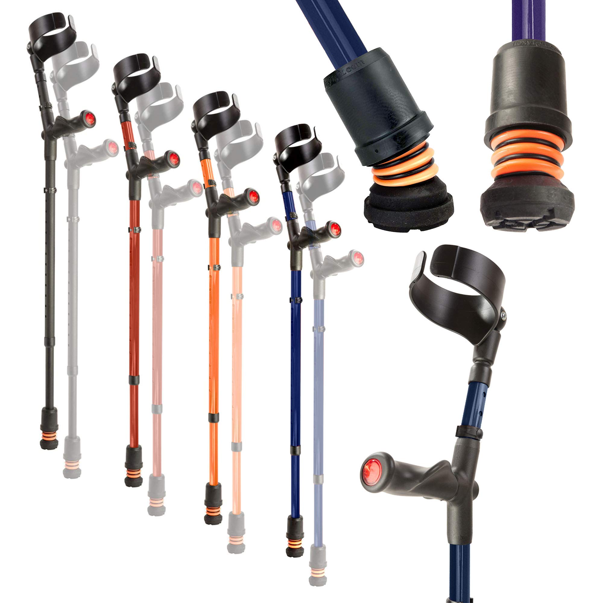 Flexyfoot Shock Absorbing Crutch Tips - Adjustable Comfort Grip for Safety & Stability - Reduces Arm Fatigue & Joint Pain - Right Handed Blue Crutches - Ideal for Injury Recovery, Elderly Support & Post-Surgery Mobility