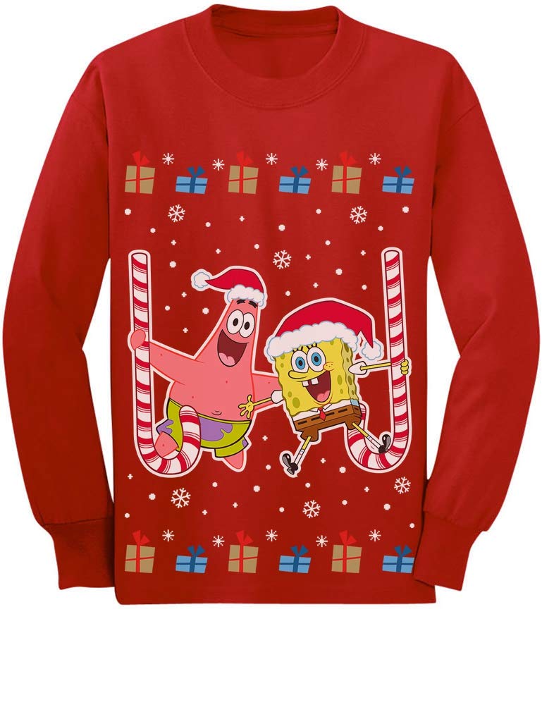Patrick and Spongebob Ugly Christmas Sweater Toddler & Kids Long Sleeve T-Shirt - Fun Holiday Outfit for Christmas Parties & Family Photos