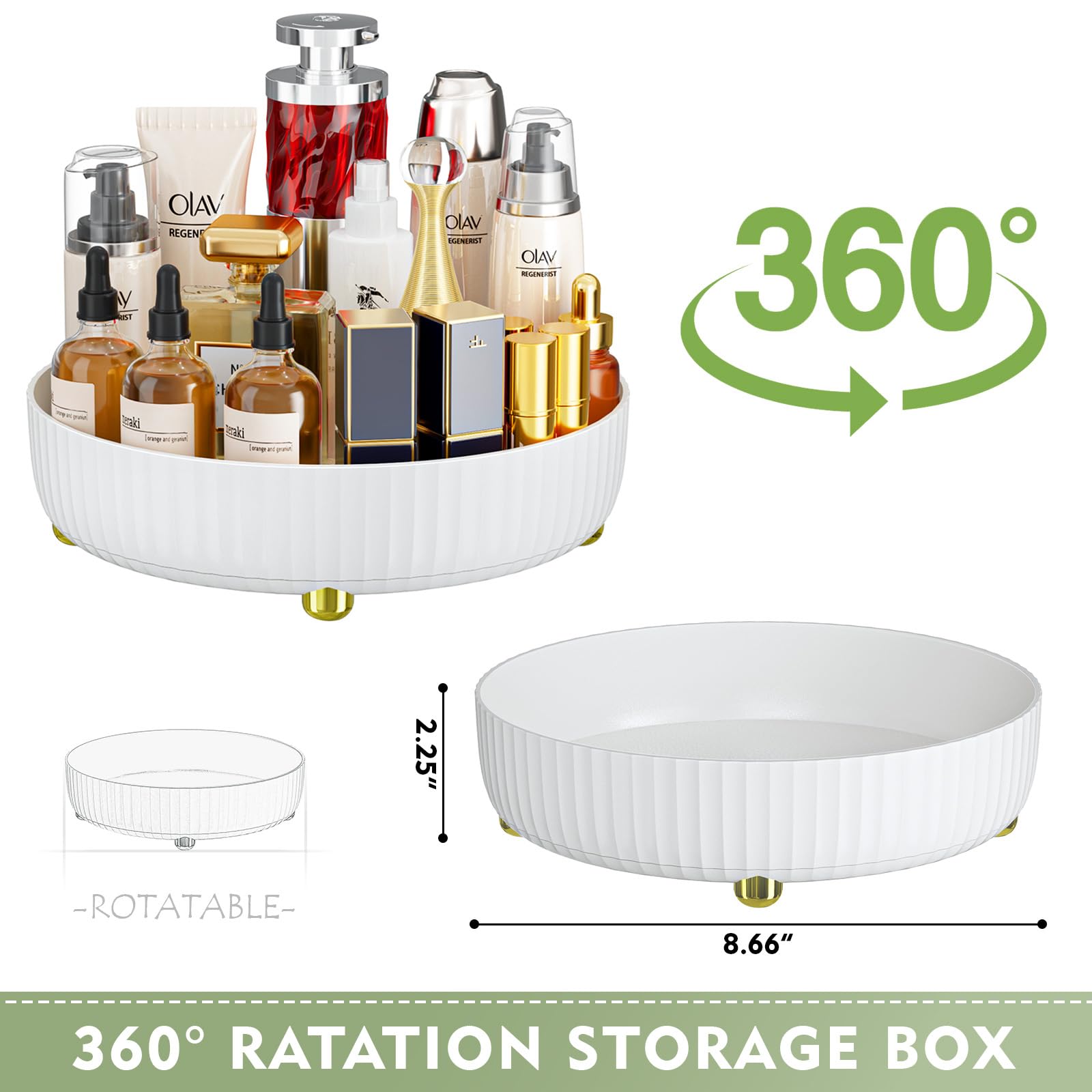360° Rotating Makeup Organizer Tray - White Bathroom Storage Solution for Perfume, Skincare & Cosmetics | Lazy Susan Vanity Organizer | Perfect for Small Spaces, Countertops & Clutter-Free Bathrooms