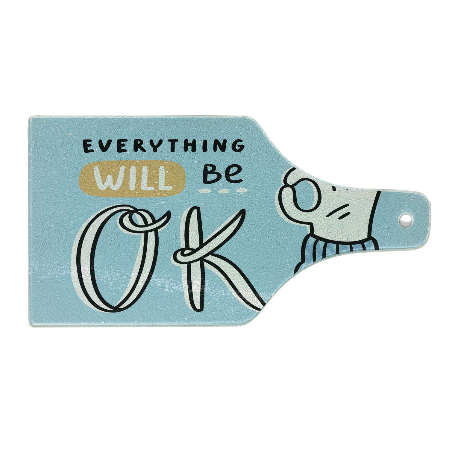 Ambesonne OK Gesture Cutting Board - Everything Will Be Okay Text, Cartoon Hand Design, Tempered Glass Serving Board for Kitchen & Dining - Wine Bottle Shape in Pale Blue, Orange, White & Black - Perfect for Cheese Platters, Charcuterie & Wine Parties