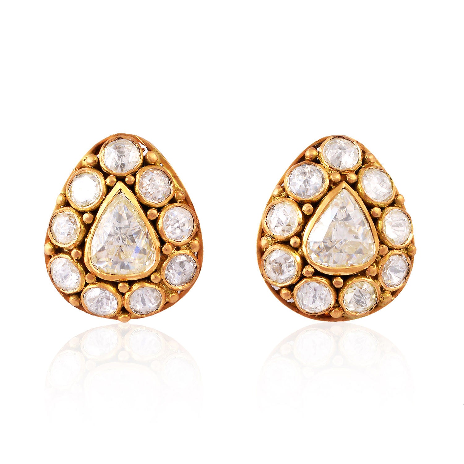 18K Yellow Gold Bezel Set Uncut Diamond Stud Earrings - Ethnic Style Jewelry for Women, Perfect for Weddings, Parties & Special Occasions