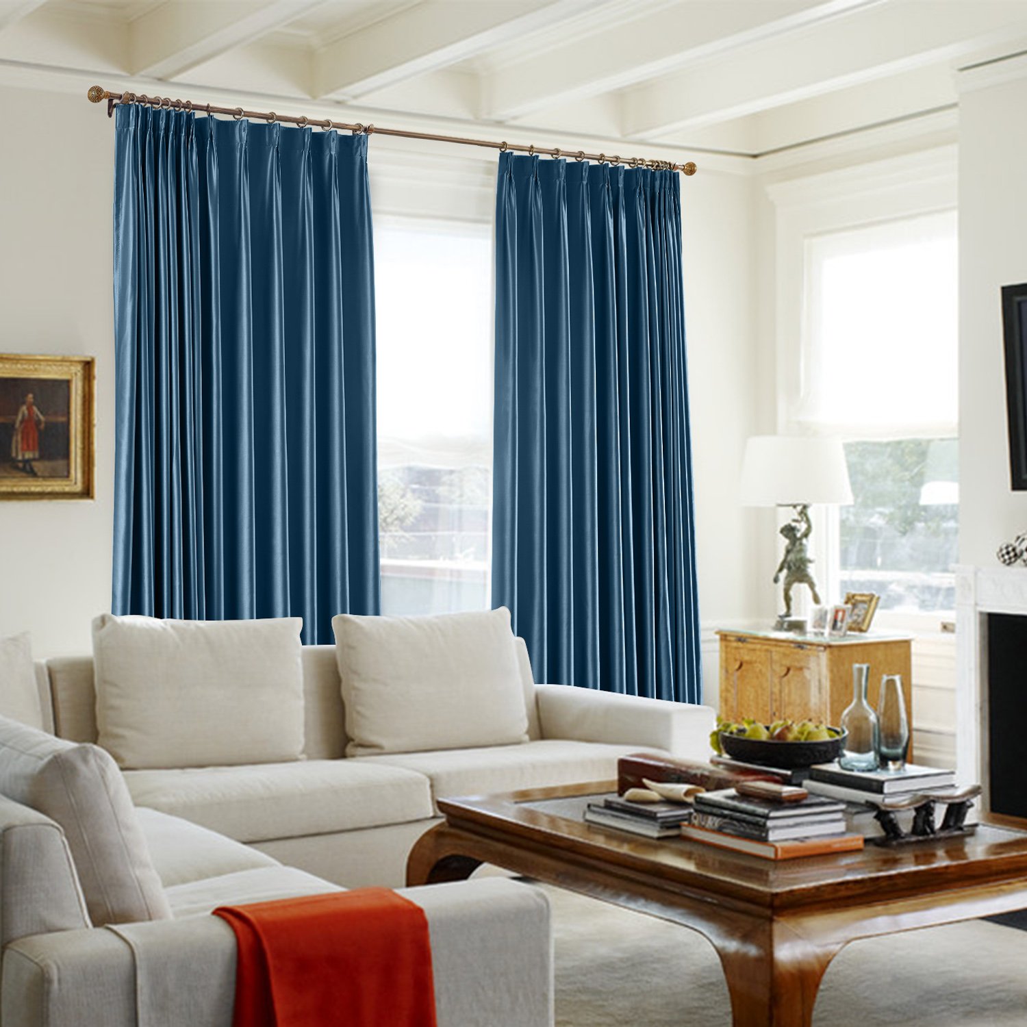 TWOPAGES Navy Blue Pinch Pleat Blackout Curtains for Bedroom - Faux Silk Light Reducing Window Drapes (1 Panel, 84x84 Inches) - Perfect for Living Room, Nursery & Home Theater