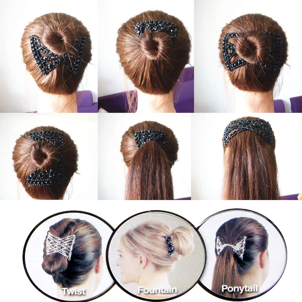 3 Pcs Crystal Bead Hair Combs - Magic Elastic Hair Clips & Stretchy Hair Barrettes for Women - Double Hair Claw Clips Set - Perfect for Updos, Ponytails & Everyday Styling