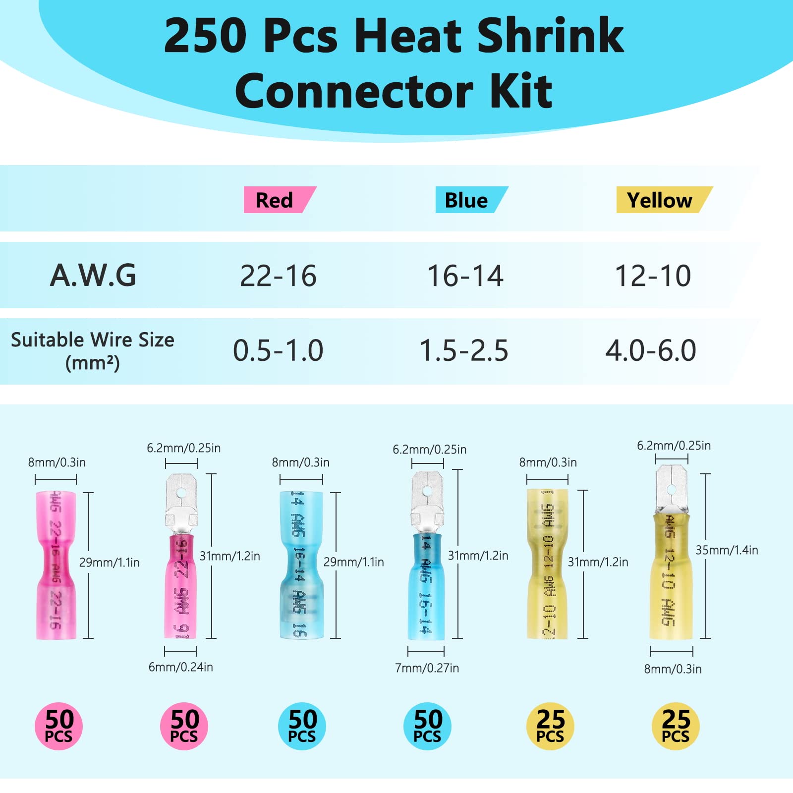 250 Pcs Heat Shrink Spade Connectors - Male & Female Insulated Quick Disconnect Electrical Terminals (22-10 AWG) for Automotive, Marine & Home Wiring Applications
