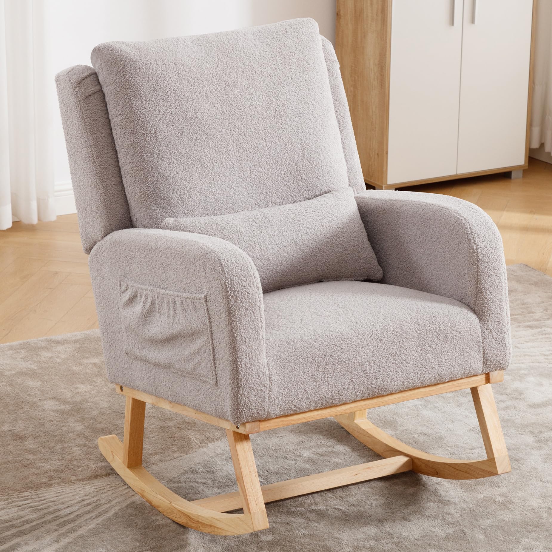 Sherpa Nursing Rocking Chair - Modern Upholstered Nursery Glider Rocker with Pillow for Mom, Baby Nursery, Living Room & Bedroom - Soft Teddy Light Grey - Perfect for Breastfeeding, Relaxing & Nursery Decor