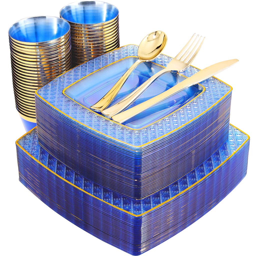 Nervure 150-Piece Blue and Gold Disposable Party Tableware Set - Includes 25 Dinner Plates (9.5
