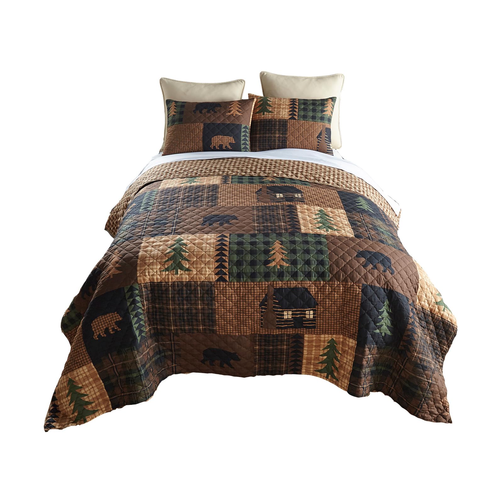 Brown Bear Lodge King Bedding Set - 3pc Quilt & Shams for Cabin Decor