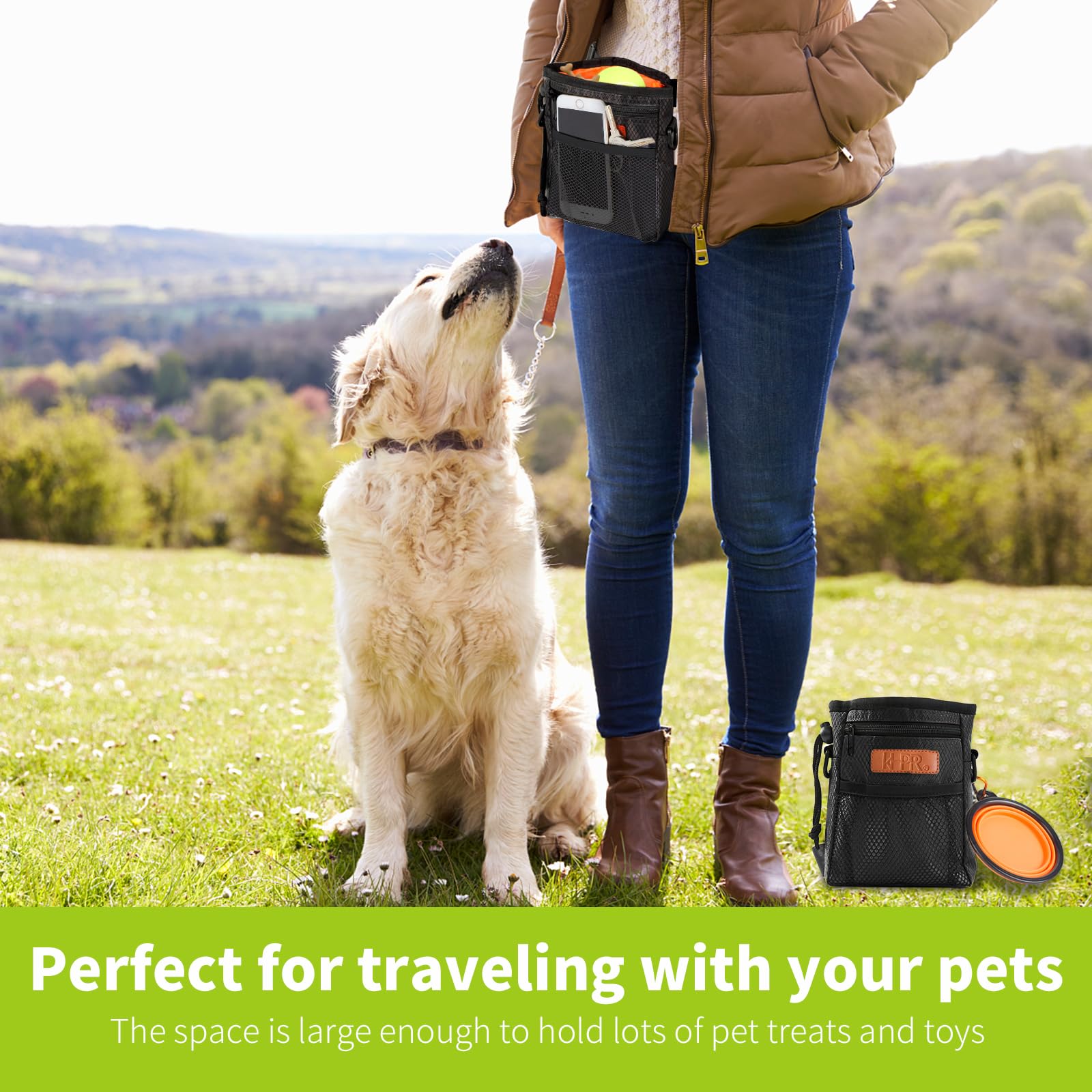 **Dog Training Treat Pouch with Built-in Poop Bag Dispenser & Foldable Silicone Bowl – Hands-Free, 3-Way Wear for Walks, Hiking & Outdoor Adventures (Black)**